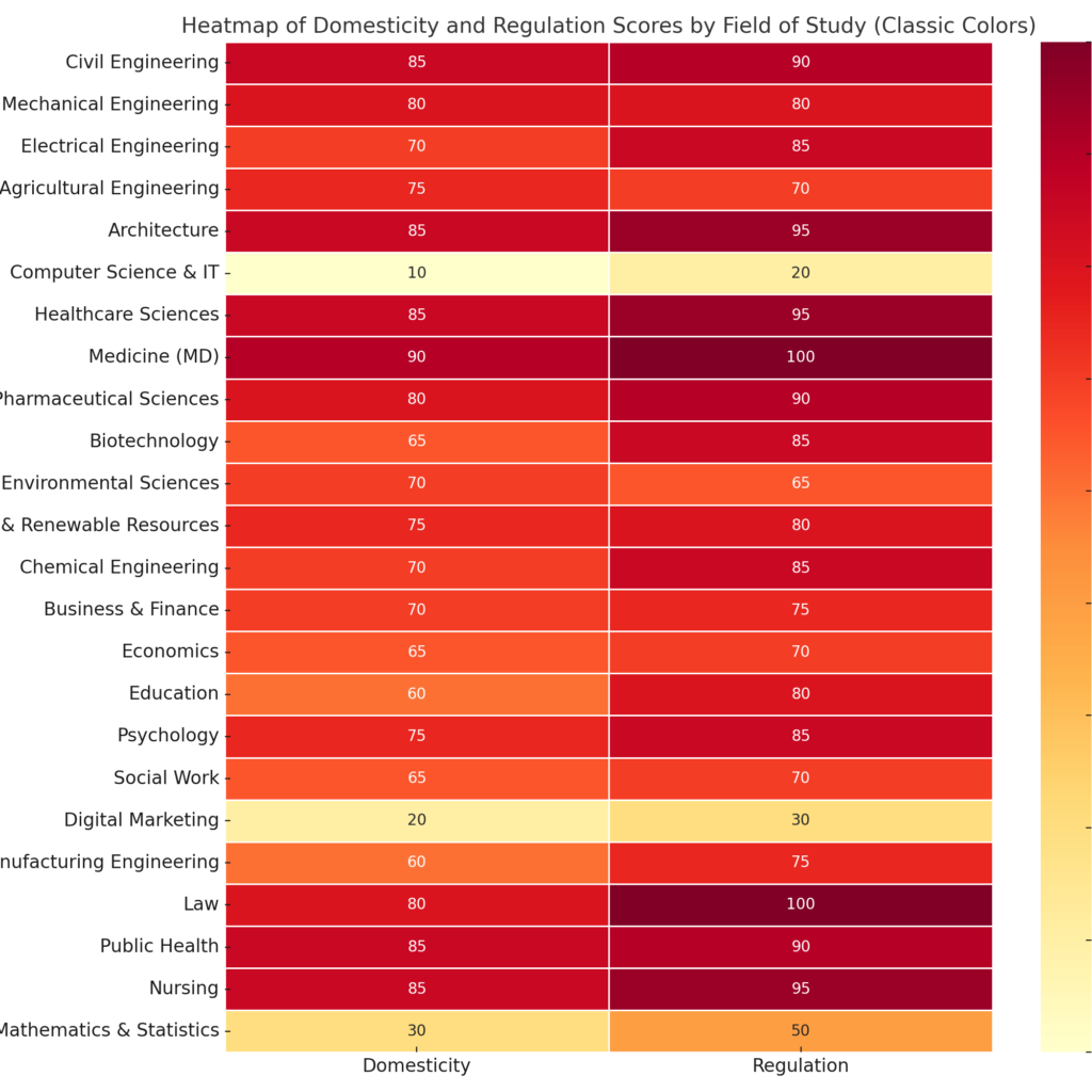 This picture shows a heatmap connected with Domesticity and and regulation Scores by Field of Study