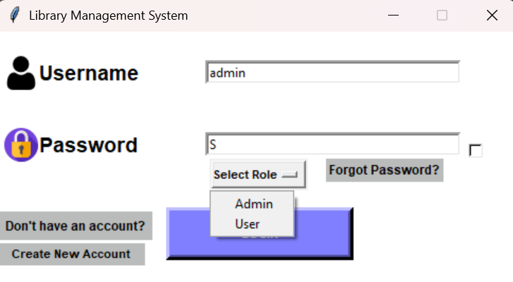 Login screen with role selection and password field