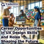 This image showing a creative work space and featuring a modern and dynamic UX design environment with fresh colors. By Samareh Ghaem Maghami, Cademix Magazine.