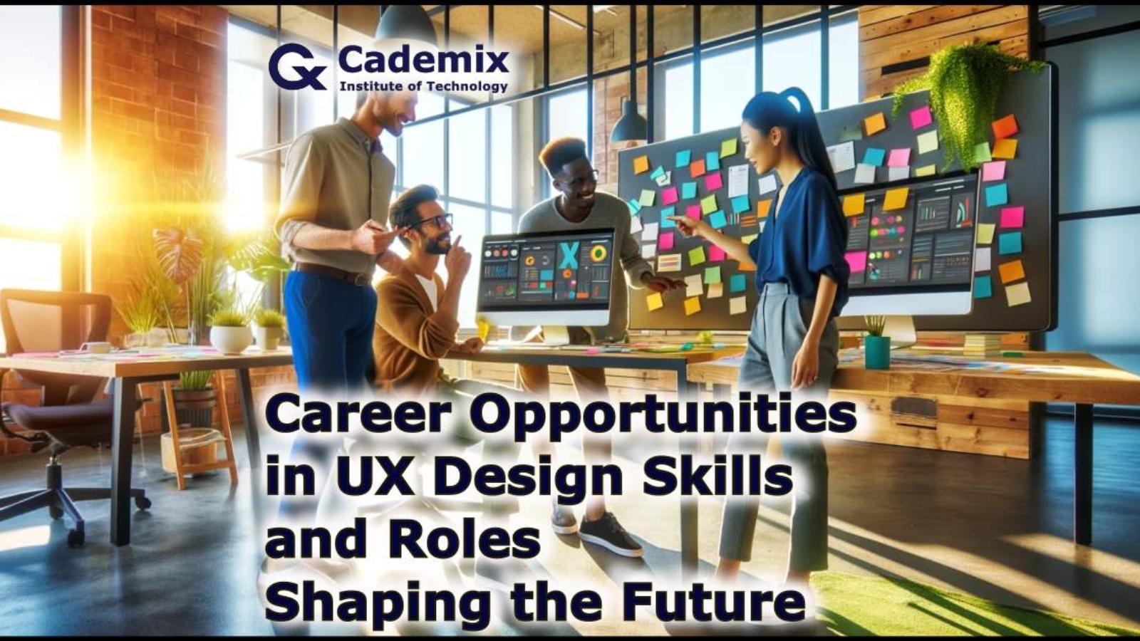 This image showing a creative work space and featuring a modern and dynamic UX design environment with fresh colors. By Samareh Ghaem Maghami, Cademix Magazine.