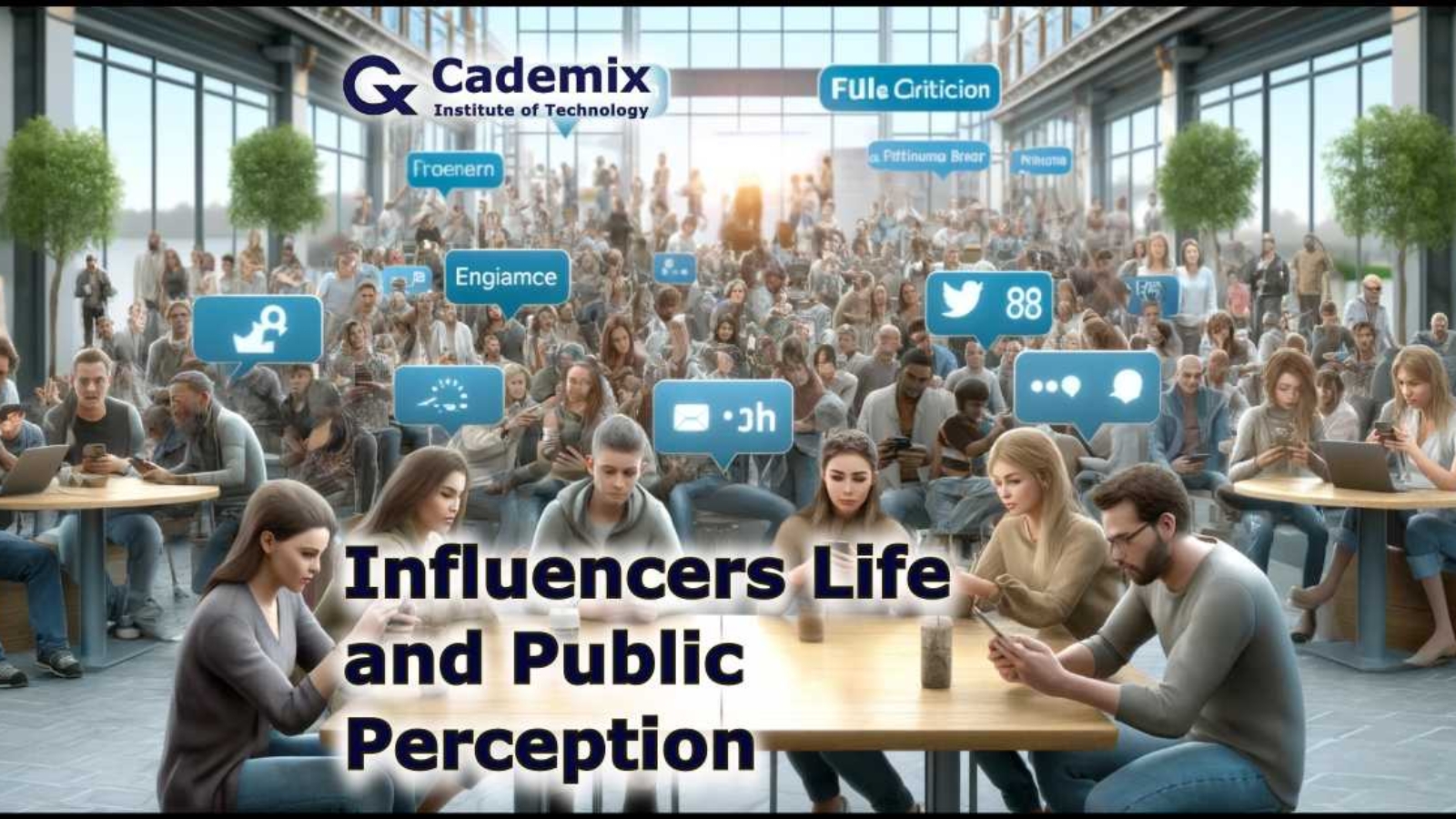 The image, showing a diverse group of people with their backs to the camera as they engage with digital content in a public setting. By Samareh Ghaem Maghami, Cademix Magazine.