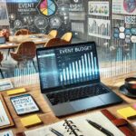 A dynamic, professional scene of an event planning workspace. The scene features a modern desk with an open laptop displaying event management software. The image reflects the dynamic and professional nature of budget management in event planning.