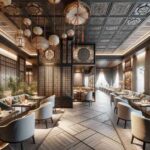 This is a luxurious restaurant interior adorned with traditional oriental symbols, blending minimalist and human-centered design elements. This image features intricate details such as lattice work, ornate carvings, and silk tapestries set against a modern layout.