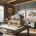 This image showing a professional interior design studio with a detailed model of a traditional Iranian house on a large table. The studio features moderate color accents in soft blue and green, enhancing the sophisticated atmosphere suitable for architectural presentations.