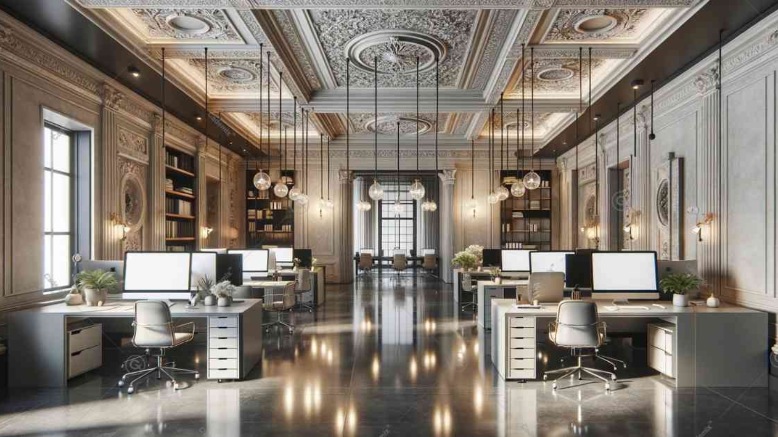 Here is another image of an architectural office that seamlessly blends traditional and modern elements. This design features stone accents and polished concrete floors alongside modern technology and simple, elegant furniture, providing a professional yet inviting workspace that reflects the evolution of interior design. The focused keyword is 3D-Planning software.