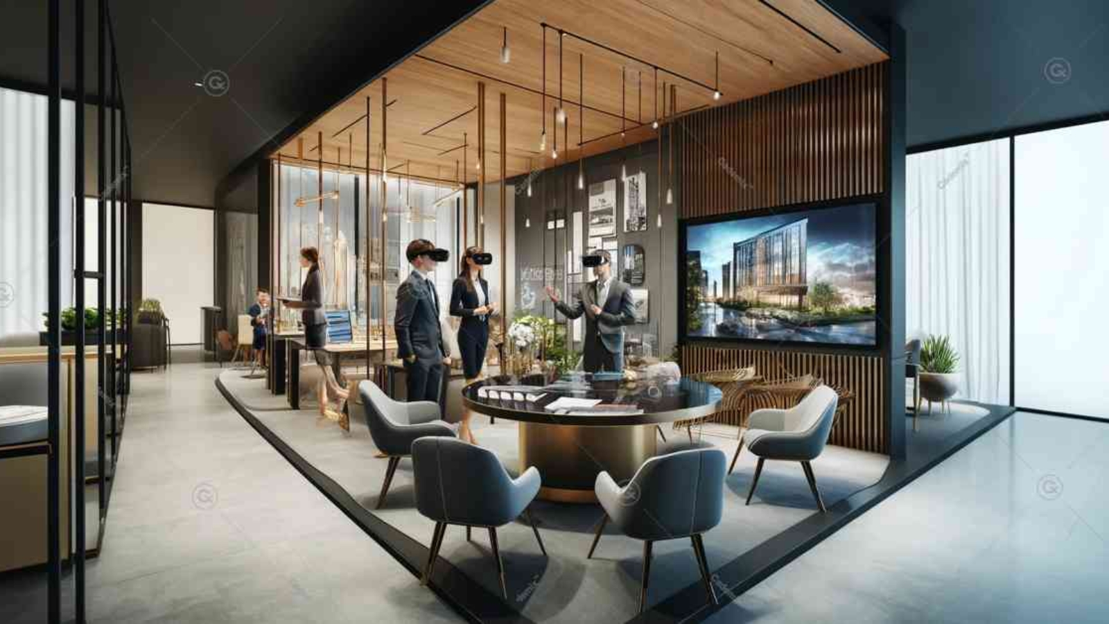 This image showcases a sophisticated client consultation area in an architecture offices, designed to facilitate innovative client engagement and effective presentations, Client expectations, response times, psychological perspective, customer satisfaction