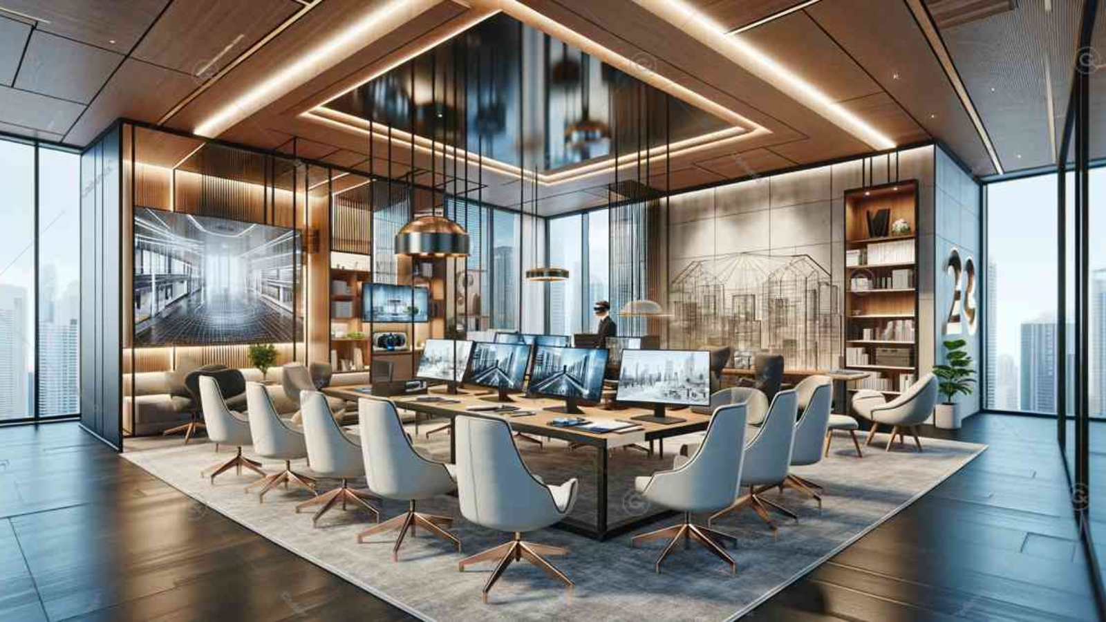 This image showcases a modern client consultation area in an architecture offices, designed to enhance client interaction and presentations with advanced technology and elegant decor.