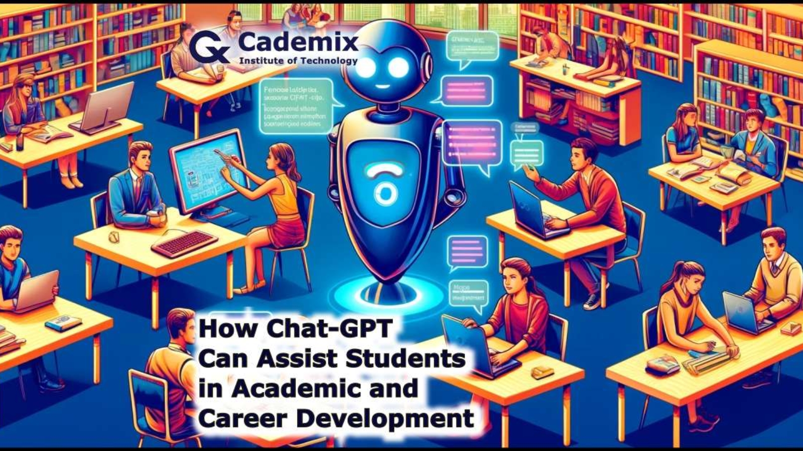 The illustrative image is, depicting how Chat-GPT, powered by GPT-4o, supports students in their academic and career development in diverse settings like libraries, classrooms, and career planning sessions.