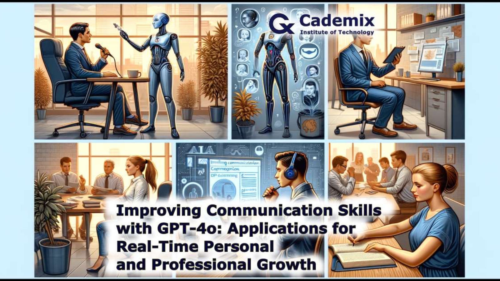 The image illustrating the use of GPT-4o to improve communication skills for personal and professional growth is now ready. It features a diverse group of people engaging with AI technology in various settings.