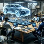 Designer colleagues are sitting around a table in a business meeting while wearing virtual reality glasses and deciding together to design a car. Effective Multi-Platform Communication: Integrating Email, WhatsApp, and Other Messaging Platforms
