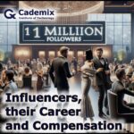 A high-profile social media influencer at a luxury event, engaging with guests in a setting that emphasizes their status as an influencer with over 1 million followers. By Samareh Ghaem Maghami, Cademix Magazine