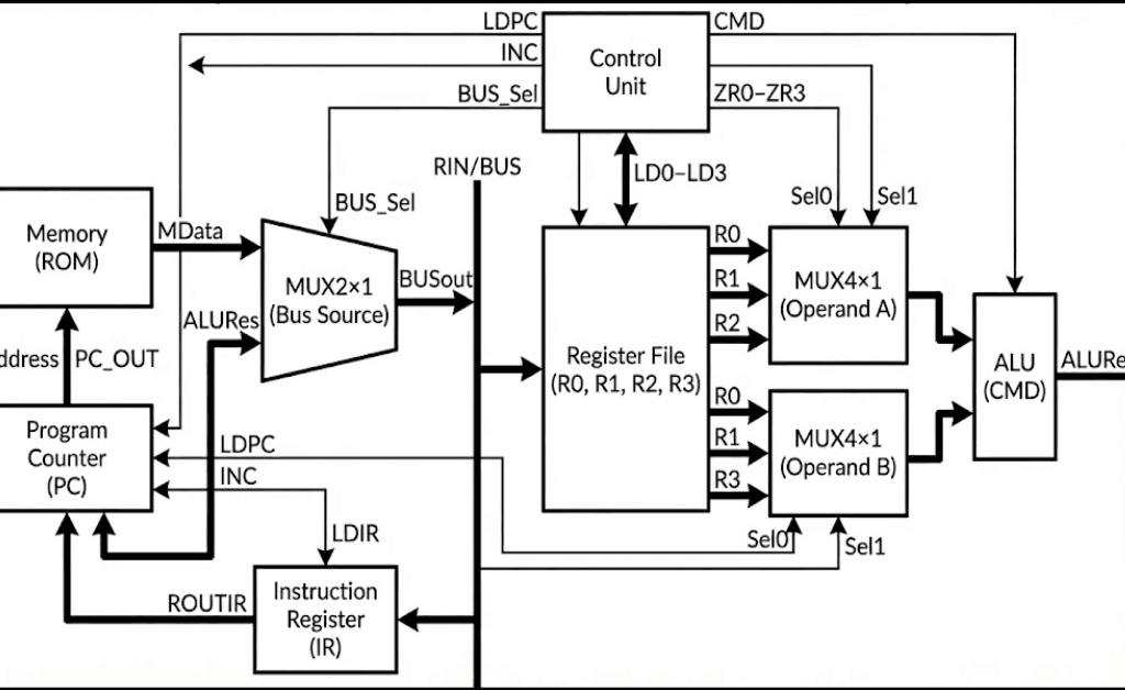 Block diagram of the 7-bit CPU showing ROM, PC, shared RIN/BUS, register file, operand muxes, ALU, and control-unit signals